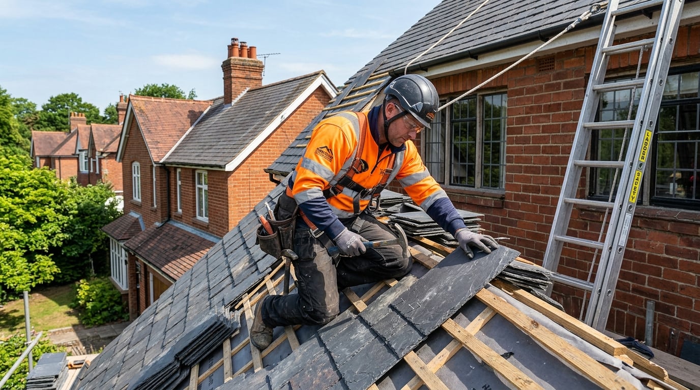 Professional roofer installing slate tiles on a pitched roof