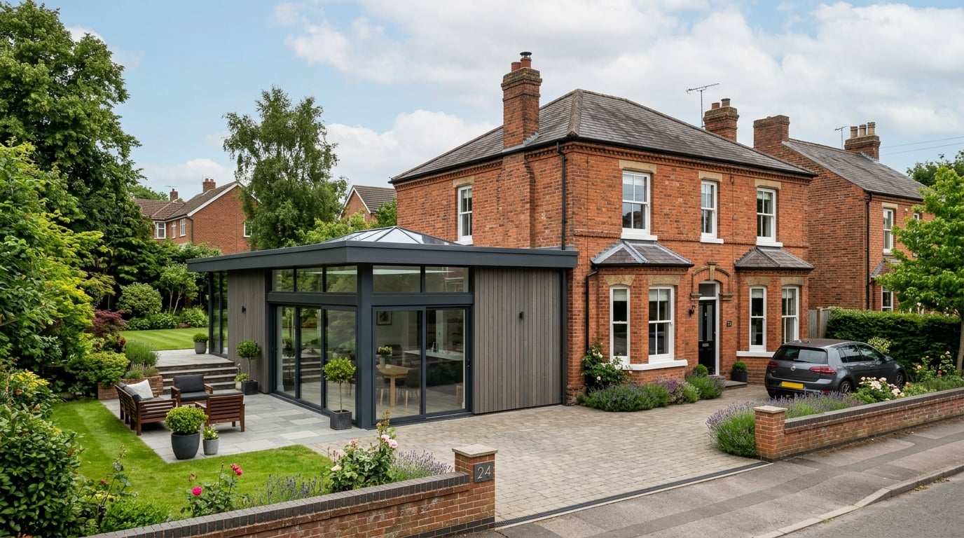 Completed modern home extension on a traditional British house